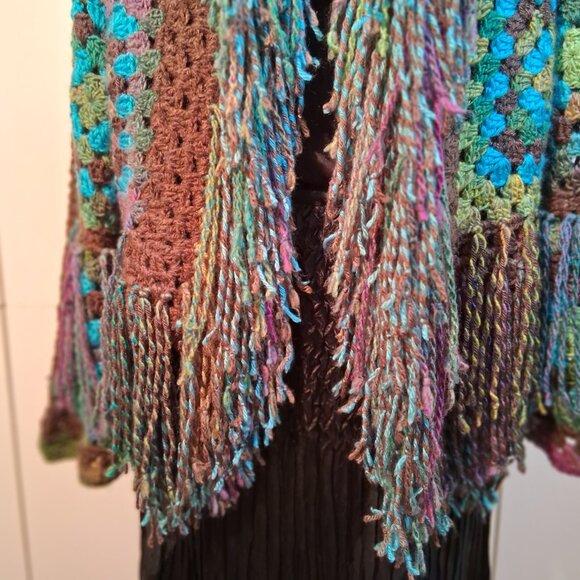 My Fairy Forrest Brown Green Turquoise Granny Square Super Fringe Sweater L/XL - Picture 7 of 16